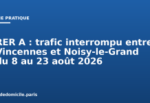 RER A : trafic interrompu entre Vincennes et Noisy-le-Grand du 8 au 23 août 2026 RER A : trafic interrompu entre Vincennes et Noisy-le-Grand du 8 au 23 août 2026