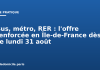 Bus, métro, RER : l’offre renforcée en Île-de-France dès ce lundi 31 août Bus, métro, RER : l'offre renforcée en Île-de-France dès ce lundi 31 août
